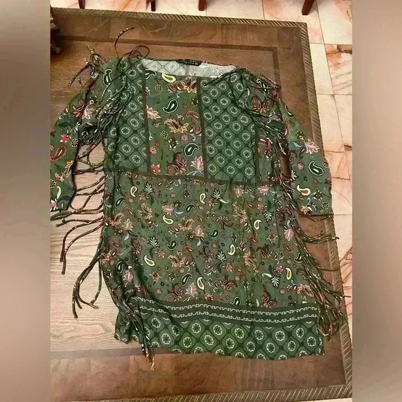 Zara Woman Green Paisley Print Fringe Tunic Dress - Picture 4 of 6